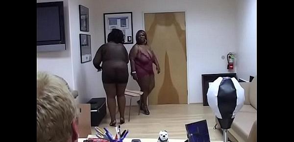  A pair of eager black BBWs get nailed by a fit white hunk in his office